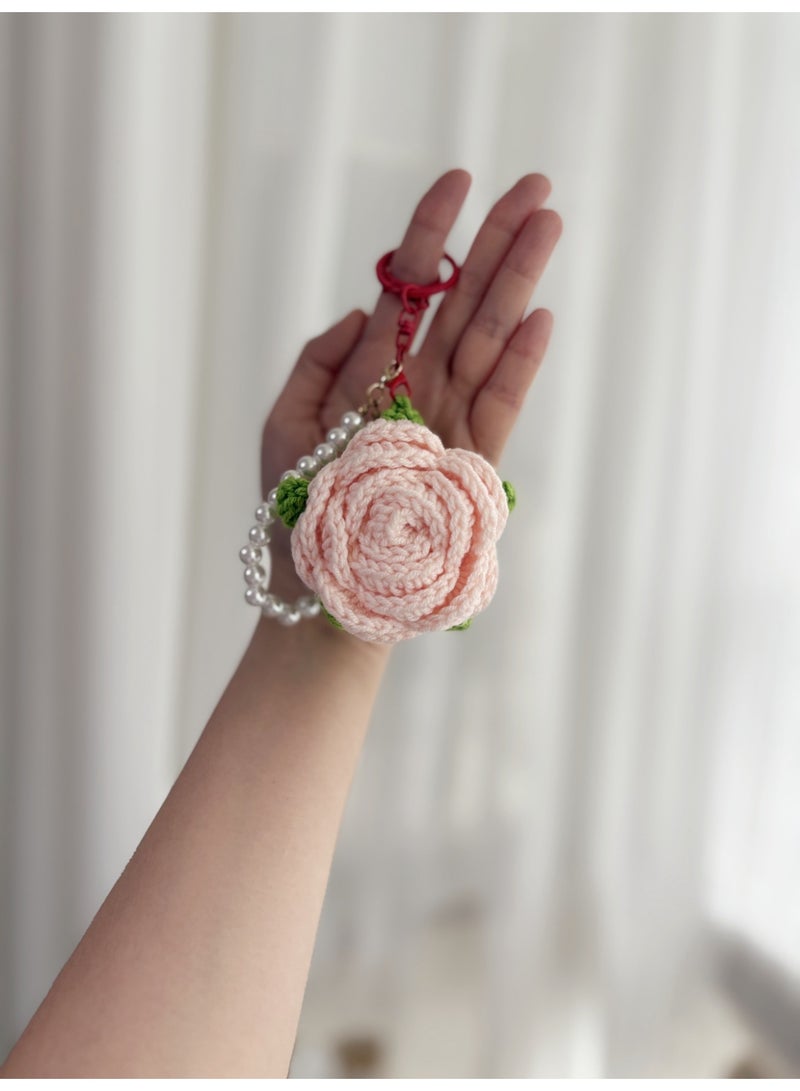 Cute Crochet Rose Keychains Handmade Knitted Flower Keychains With Pearl Chain - Image 3